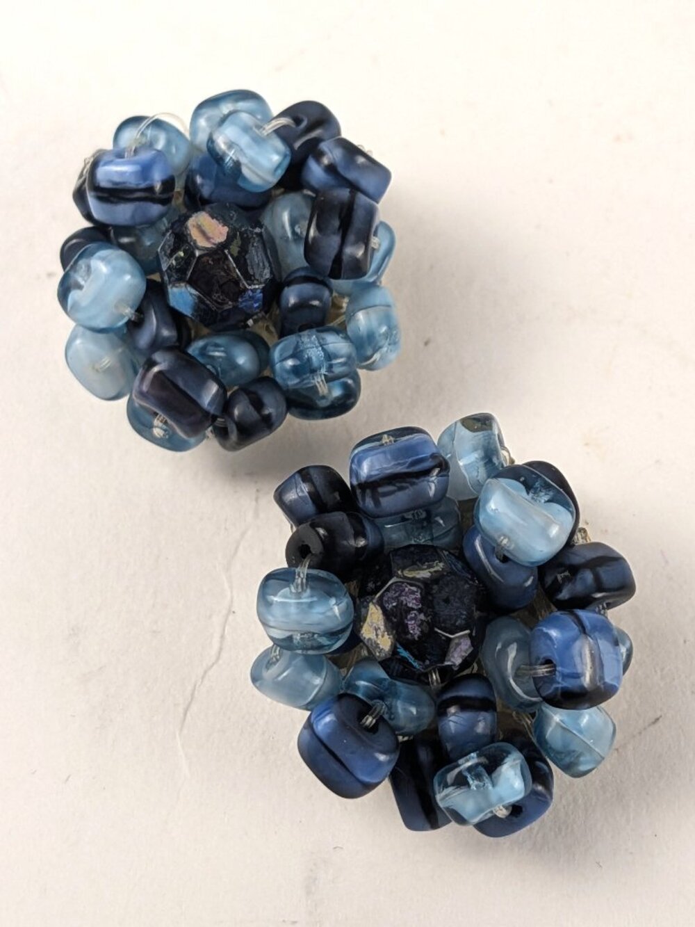 Vintage Blue Beaded Cluster Clip-on Earrings